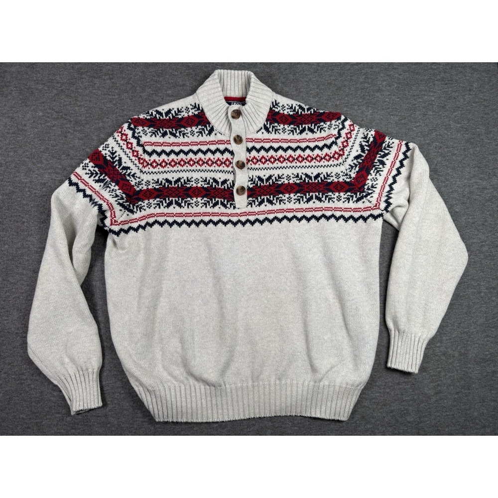 IZOD  Men's XL Beige Blue Red Fair Isle Knitted Button Christmas Nordic **Note**